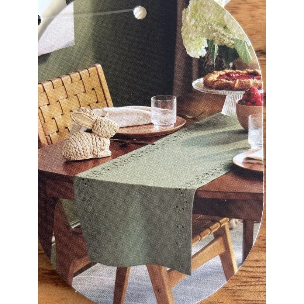 Table Runner 100% Cotton Eyelet Green Threshold 14” X 72”